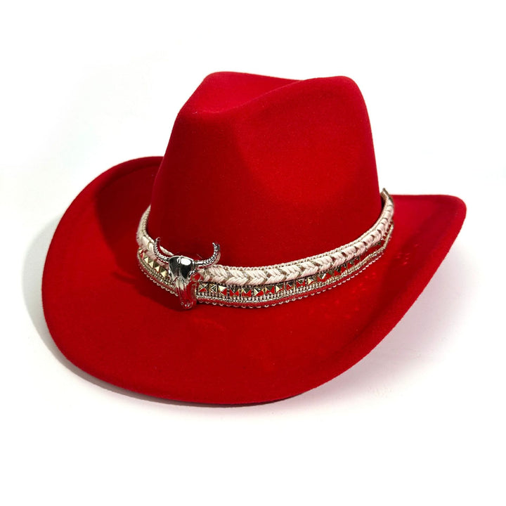 Cappello da cowboy da uomo in stile western con cintura e tesa a forma di testa di toro in metallo - Rosso - M (22"-22 7/8") - image 7