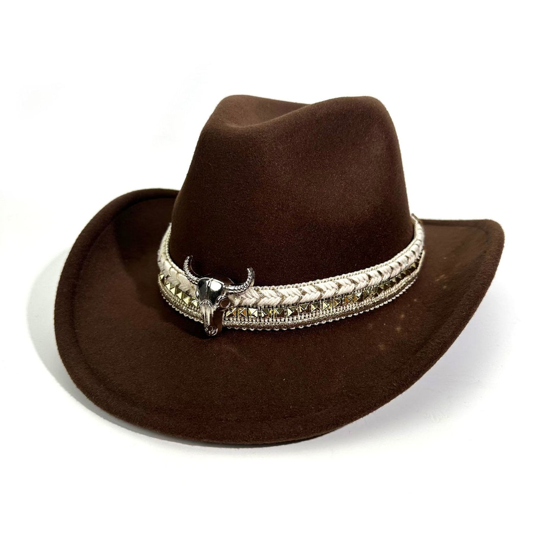 Cappello da cowboy da uomo in stile western con cintura e tesa a forma di testa di toro in metallo - Caffè - M (22"-22 7/8") - image 2