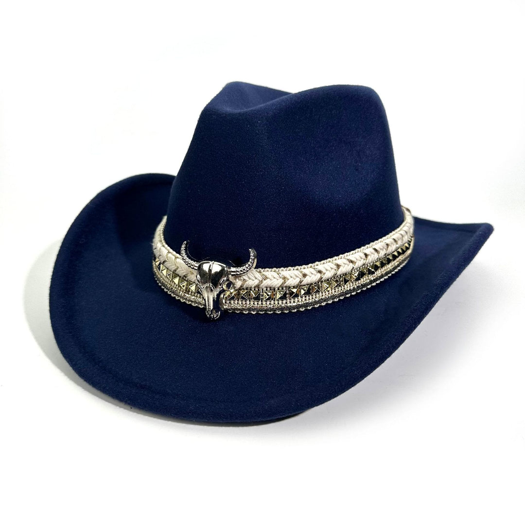 Cappello da cowboy da uomo in stile western con cintura e tesa a forma di testa di toro in metallo - Blu navy - M (22"-22 7/8") - image 11