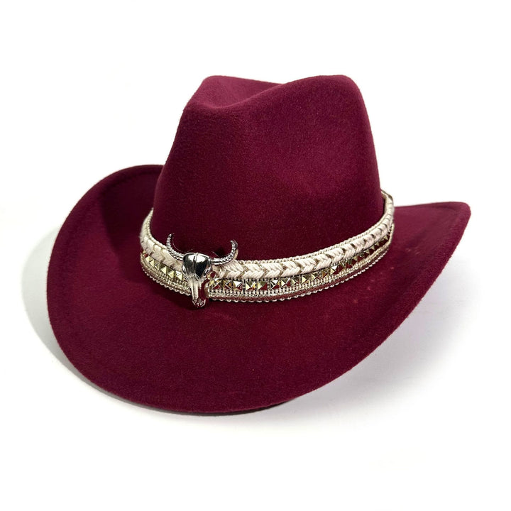 Cappello da cowboy da uomo in stile western con cintura e tesa a forma di testa di toro in metallo - Vino - M (22"-22 7/8") - image 5