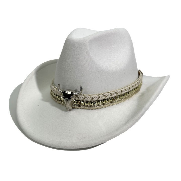 Cappello da cowboy da uomo in stile western con cintura e tesa a forma di testa di toro in metallo - Bianco - M (22"-22 7/8") - image 10