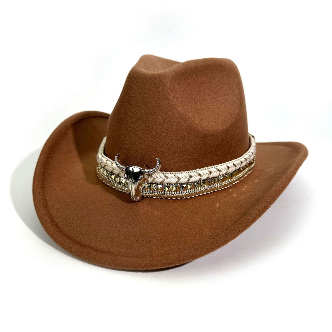 Cappello da cowboy da uomo in stile western con cintura e tesa a forma di testa di toro in metallo - Marrone - M (22"-22 7/8") - image 8