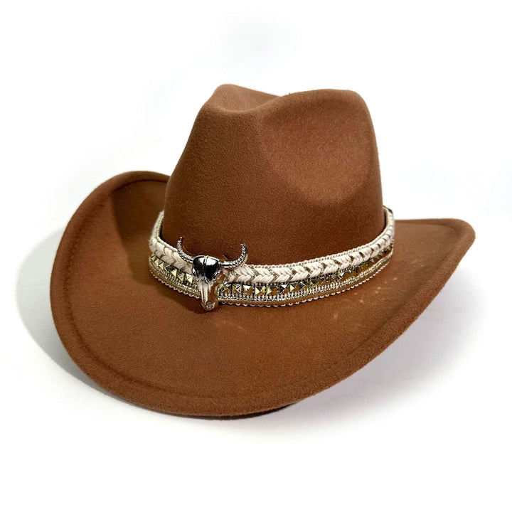 Cappello da cowboy da uomo in stile western con cintura e tesa a forma di testa di toro in metallo - Marrone - M (22"-22 7/8") - image 8