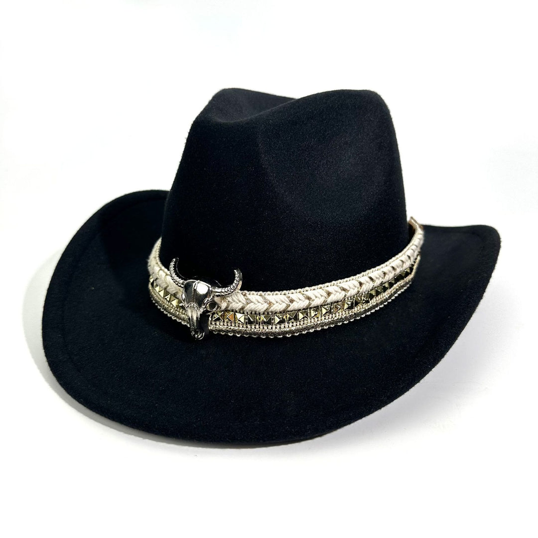 Cappello da cowboy da uomo in stile western con cintura e tesa a forma di testa di toro in metallo - Nero - M (22"-22 7/8") - image 0