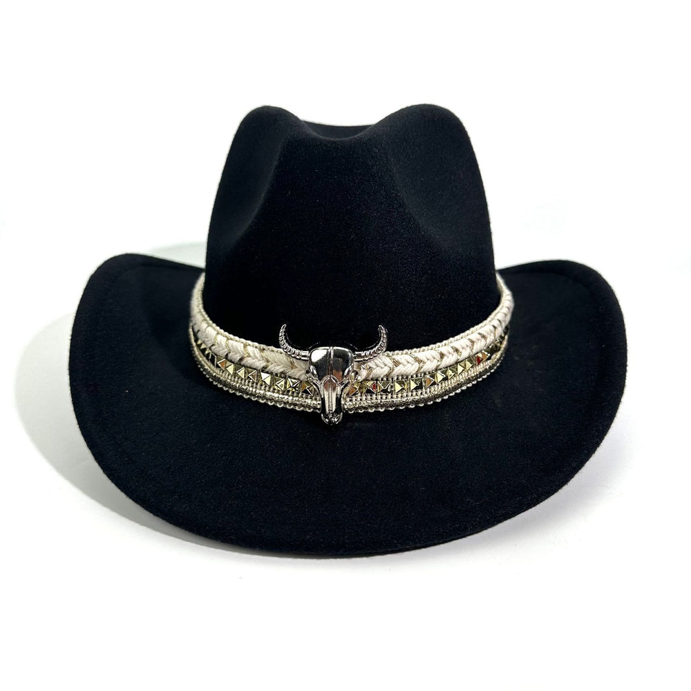 Cappello da cowboy da uomo in stile western con cintura e tesa a forma di testa di toro in metallo - image 1