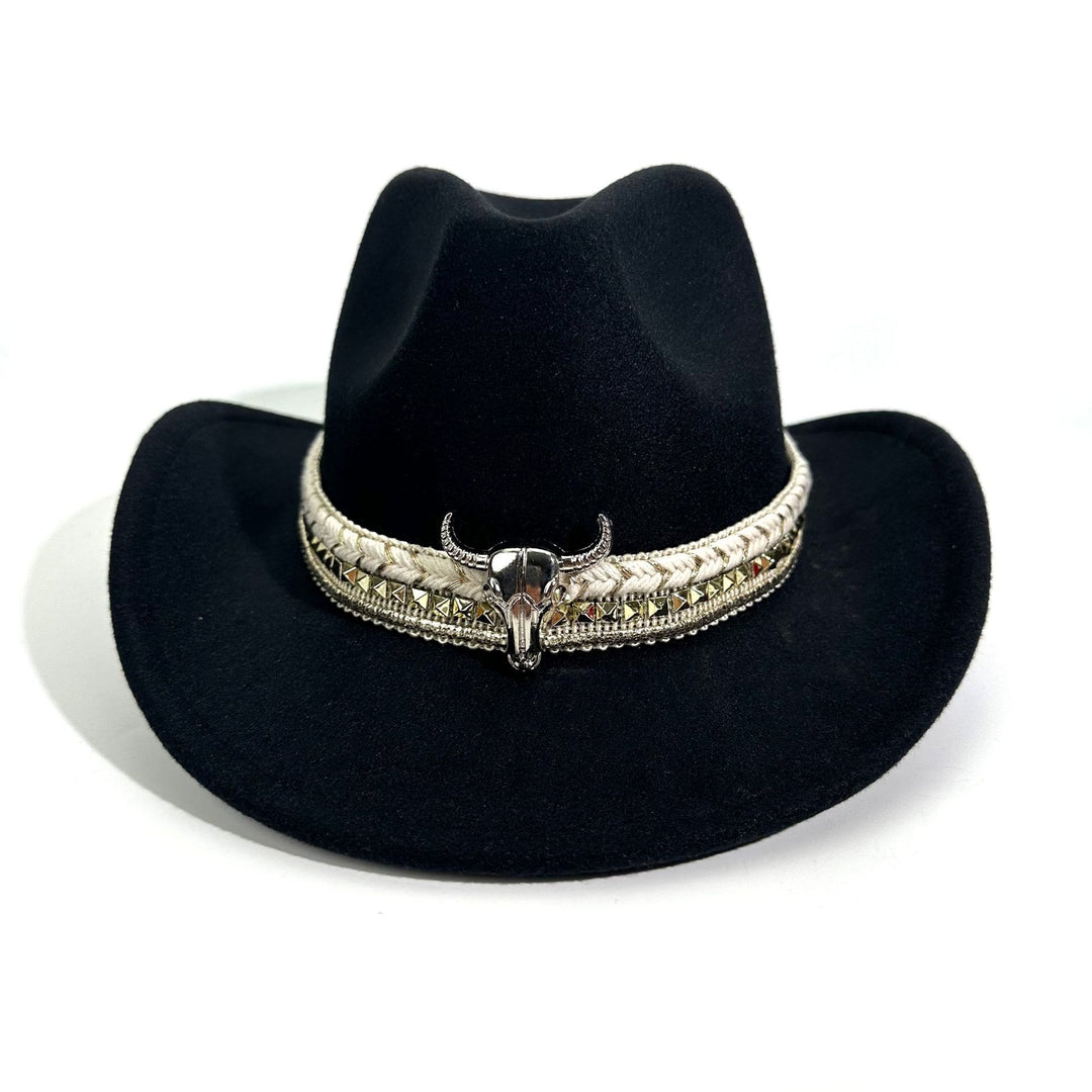 Cappello da cowboy da uomo in stile western con cintura e tesa a forma di testa di toro in metallo - image 1