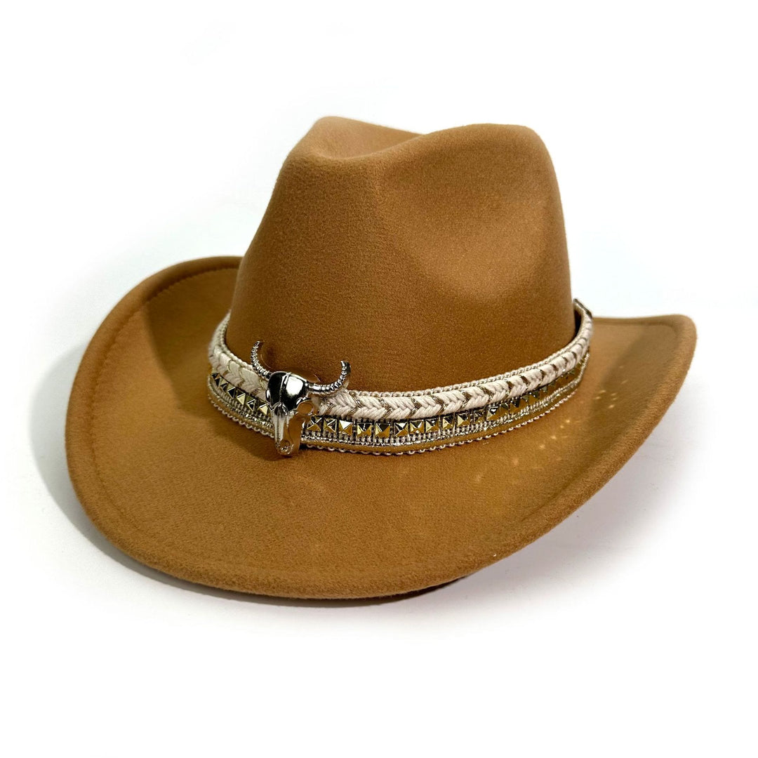 Cappello da cowboy da uomo in stile western con cintura e tesa a forma di testa di toro in metallo - Cammello - M (22"-22 7/8") - image 6
