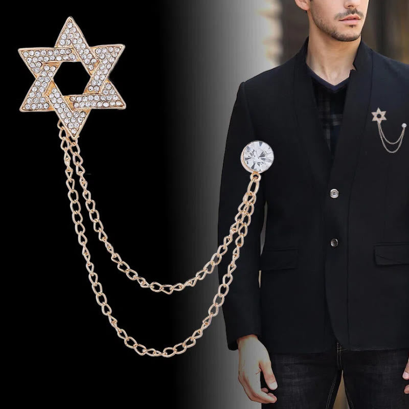 Spilla a catena con stella di David in strass da uomo - image 0