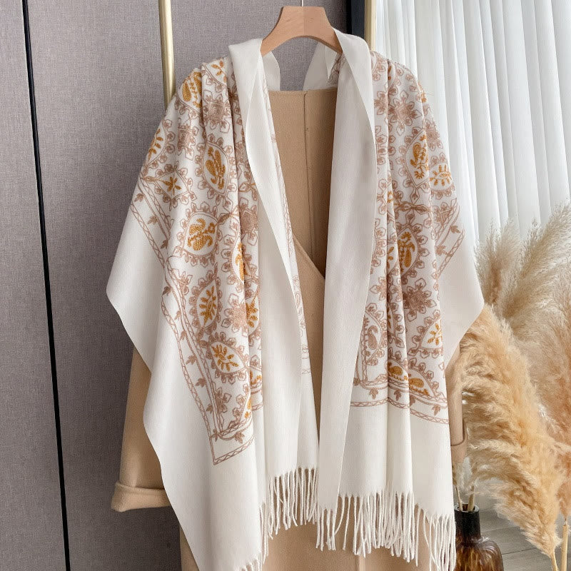 Sciarpa scialle con frange e motivo floreale vintage da donna - Bianco - image 0