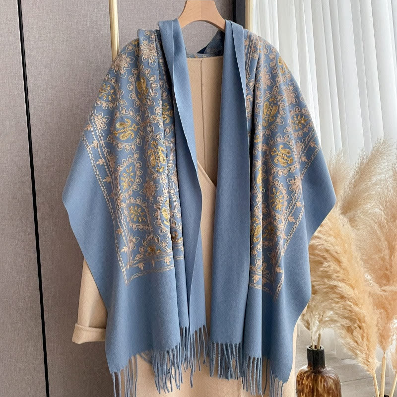 Sciarpa scialle con frange e motivo floreale vintage da donna - Blu reale - image 2