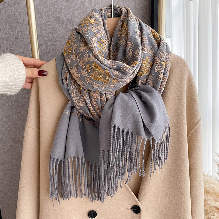 Sciarpa scialle con frange e motivo floreale vintage da donna - Grigio - image 7
