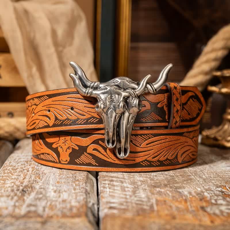 Cintura in pelle goffrata con doppia testa di toro in stile western - Arancione / Argento - 38 - image 4