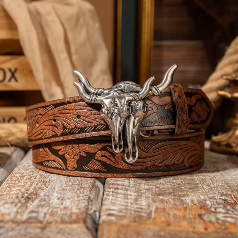 Cintura in pelle goffrata con doppia testa di toro in stile western - Marrone / Argento - 38 - image 8