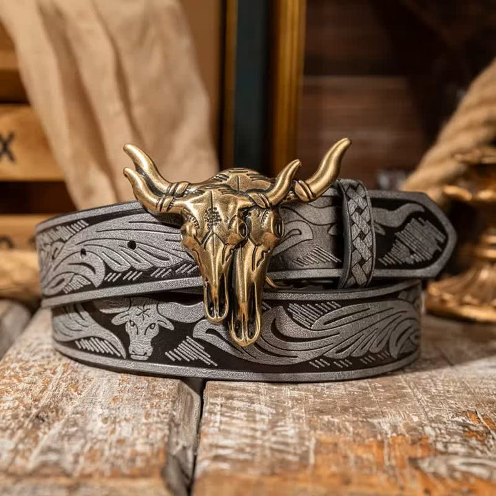 Cintura in pelle goffrata con doppia testa di toro in stile western - Grigio / Bronzo - 38 - image 5