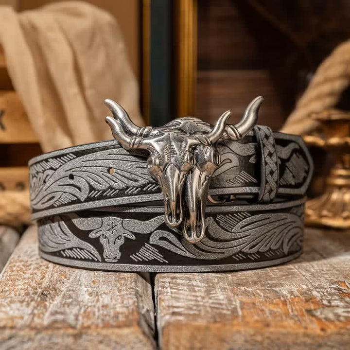 Cintura in pelle goffrata con doppia testa di toro in stile western - Grigio / Argento - 38 - image 6