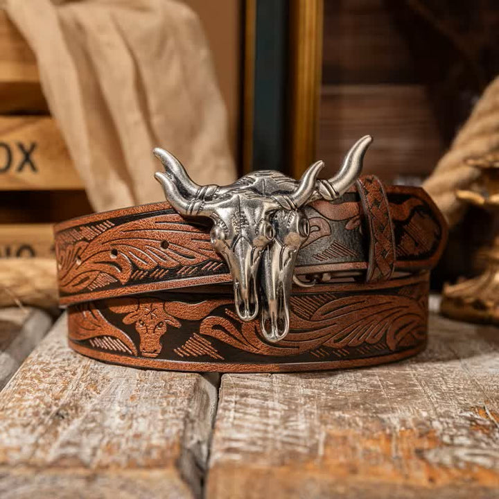 Cintura in pelle goffrata con doppia testa di toro in stile western - Marrone / Argento - 38 - image 8