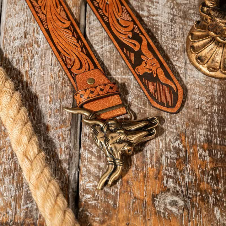 Cintura in pelle goffrata con doppia testa di toro in stile western - image 3