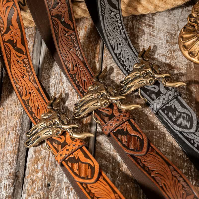 Cintura in pelle goffrata con doppia testa di toro in stile western - image 1