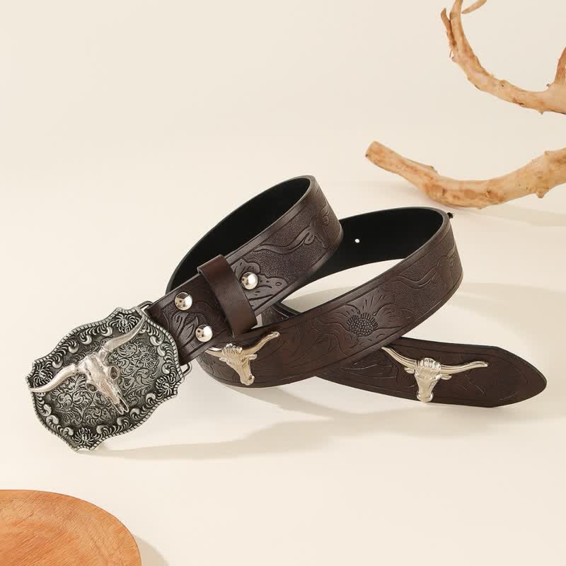Cintura in pelle con rivetti a forma di toro in stile western - image 1