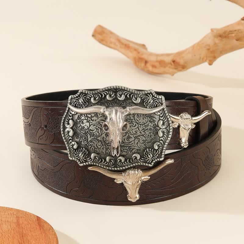 Cintura in pelle con rivetti a forma di toro in stile western - Marrone - 42 - image 0