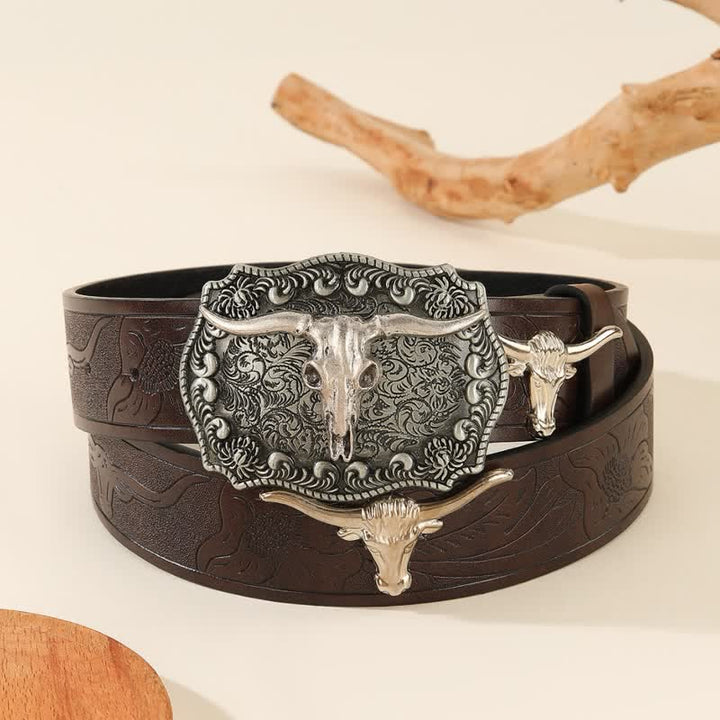 Cintura in pelle con rivetti a forma di toro in stile western - Marrone - 42 - image 0