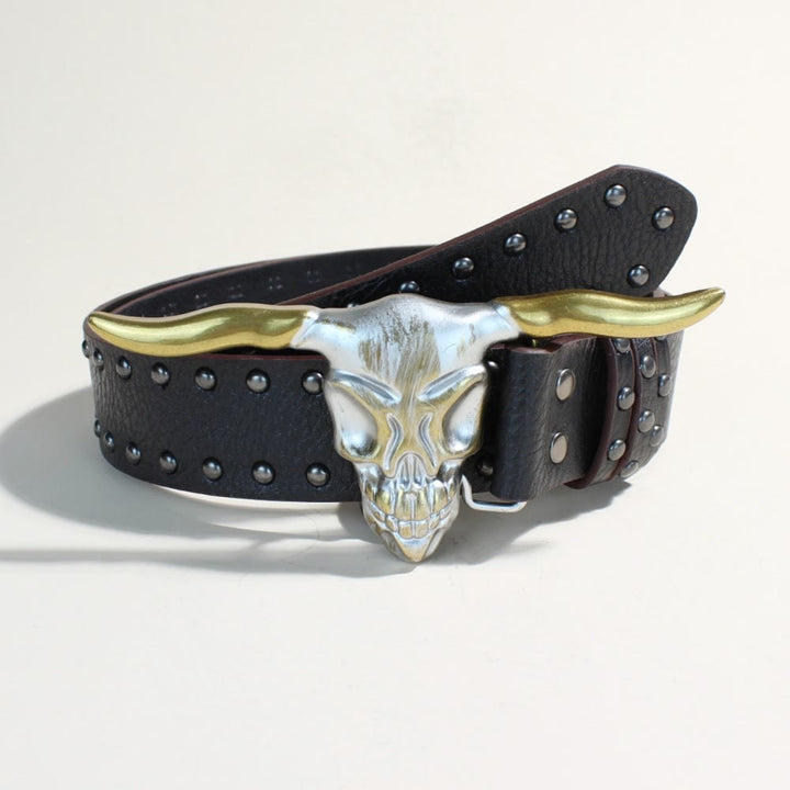 Cintura da uomo in stile western con fibbia a forma di testa di toro con corna lunghe dorate - Testa di toro dalle corna lunghe dorate - Rivetti neri - 34 - image 0