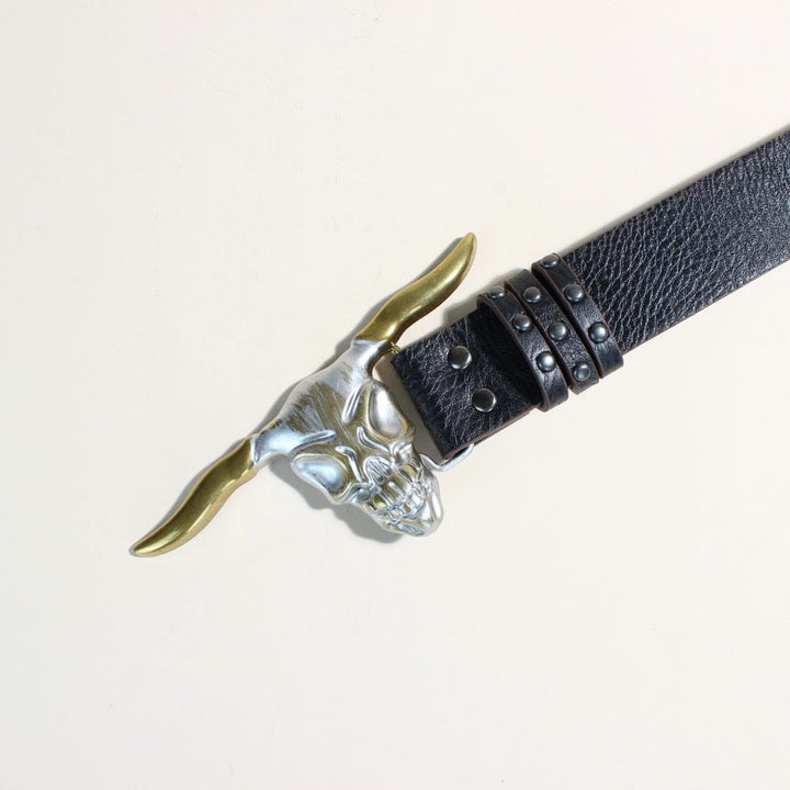 Cintura da uomo in stile western con fibbia a forma di testa di toro con corna lunghe dorate - image 2