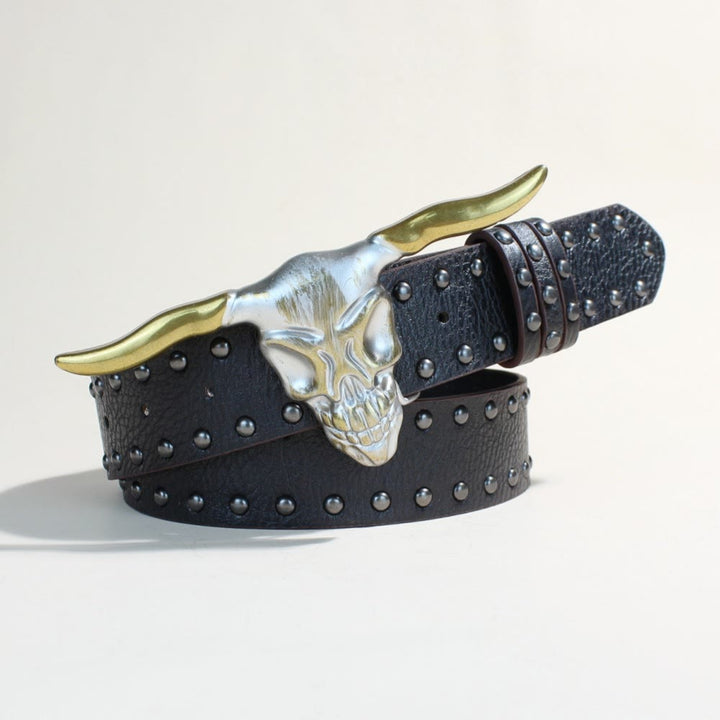 Cintura da uomo in stile western con fibbia a forma di testa di toro con corna lunghe dorate - image 1