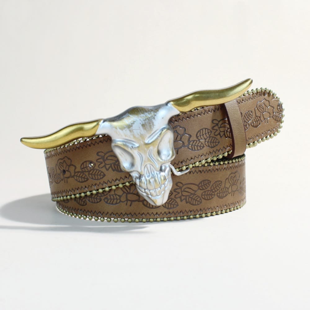 Cintura da uomo in stile western con fibbia a forma di testa di toro con corna lunghe dorate - image 5