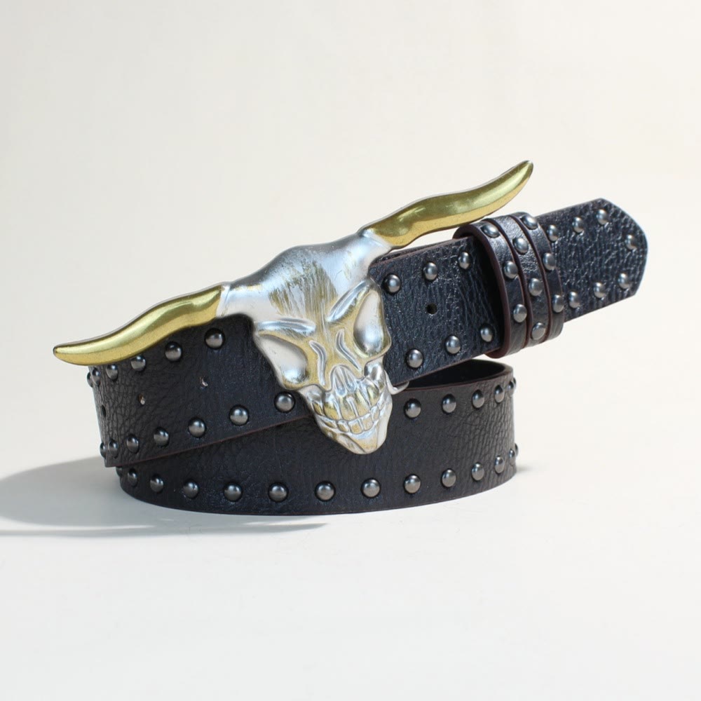Cintura da uomo in stile western con fibbia a forma di testa di toro con corna lunghe dorate - image 1