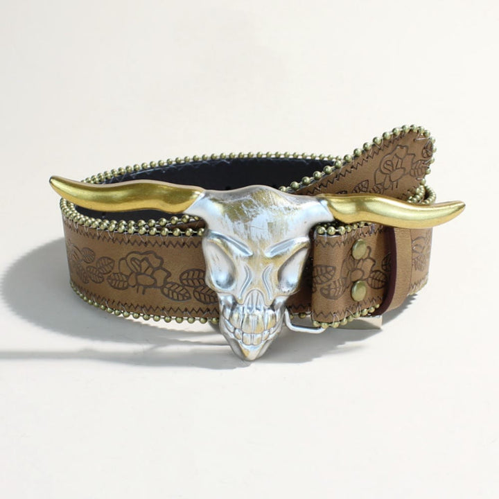 Cintura da uomo in stile western con fibbia a forma di testa di toro con corna lunghe dorate - Testa di toro dalle corna lunghe dorate - Stampa marrone - 34 - image 4