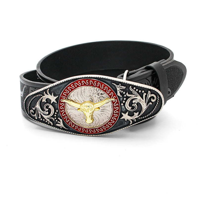 Cintura da uomo intagliata nera con fibbia a forma di testa di toro dorata - image 1