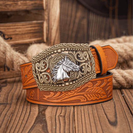 Cintura da uomo in argento con fibbia cava intagliata a forma di testa di cavallo - Testa di cavallo d'argento - Cammello - 38 - image 0