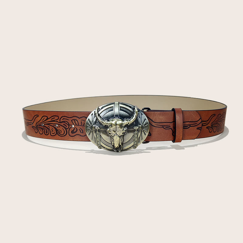Cintura da uomo con fibbia a forma di teschio di toro in stile western, nera - Teschio di toro - Marrone - 38 - image 0