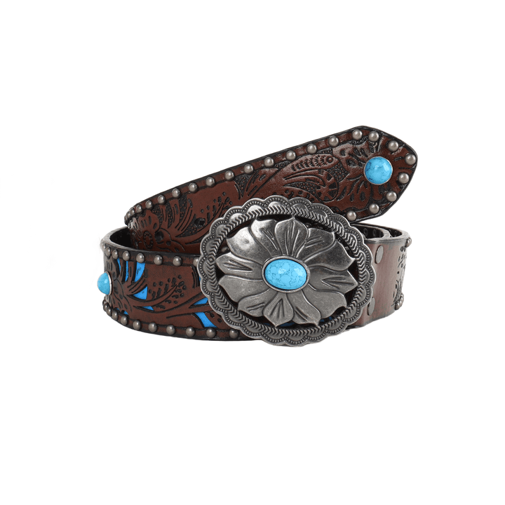 Cintura da donna con rivetti in metallo con fibbia turchese a forma di fiore in argento - Argento - 38 - image 0