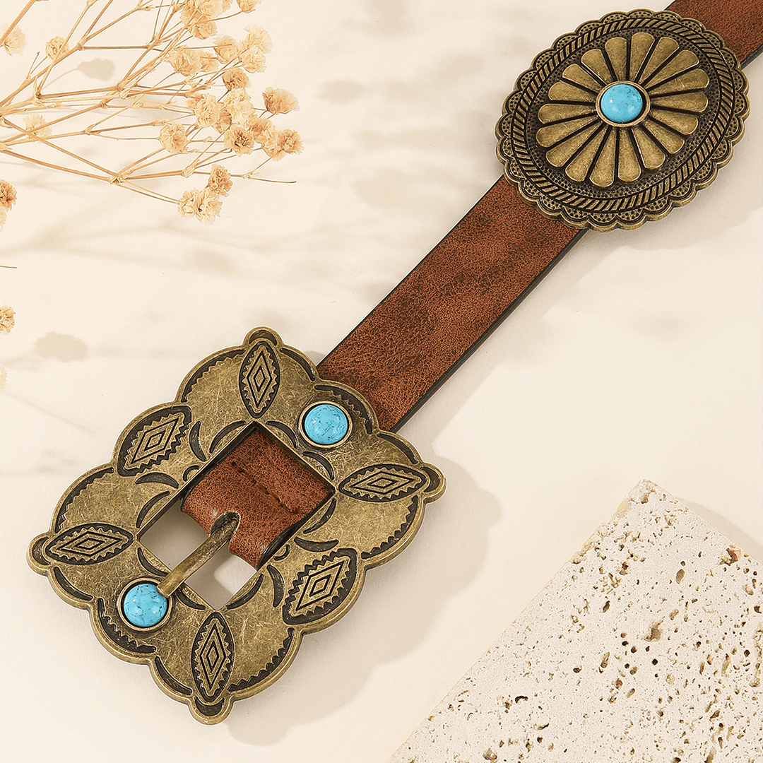 Cintura da donna con fibbia quadrata in bronzo e motivo rotondo turchese - image 1