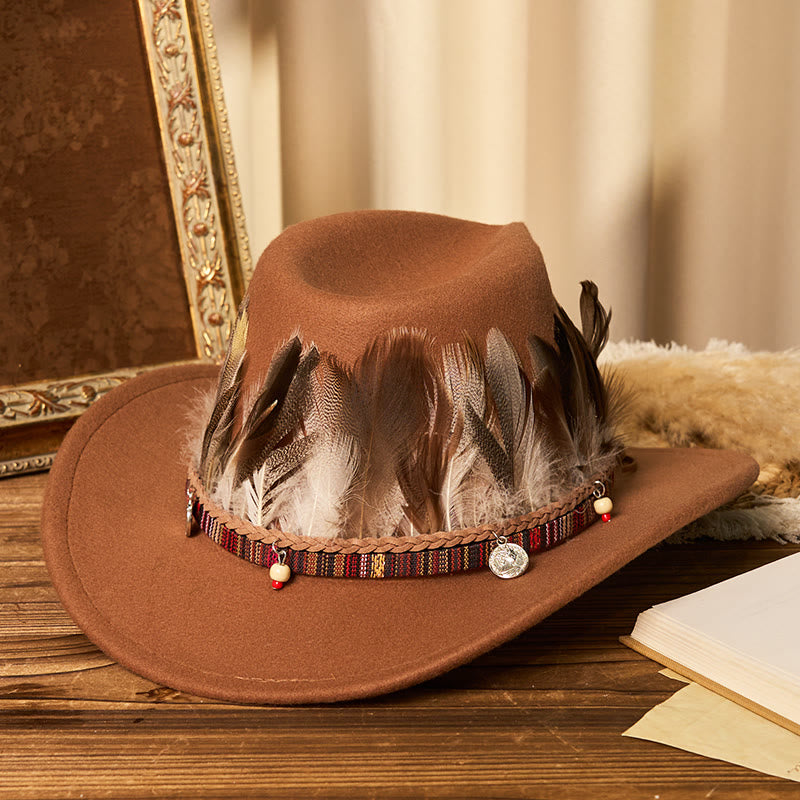 Cappello da cowboy da uomo con cintura e tesa intrecciata in piume - Caramello - M (22"-22 7/8") - image 0