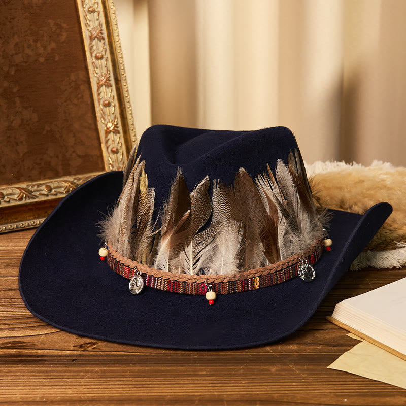Cappello da cowboy da uomo con cintura e tesa intrecciata in piume - Blu navy - M (22"-22 7/8") - image 3