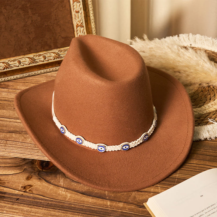 Cappello da cowboy da uomo con cintura e tesa lavorata a maglia bianca e motivo "occhio diabolico" - image 1