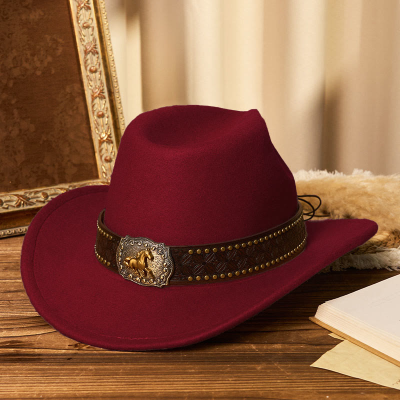 Cappello da cowboy da uomo con cintura e rivetti a forma di cavallo dorato - Vino - M (22"-22 7/8") - image 8