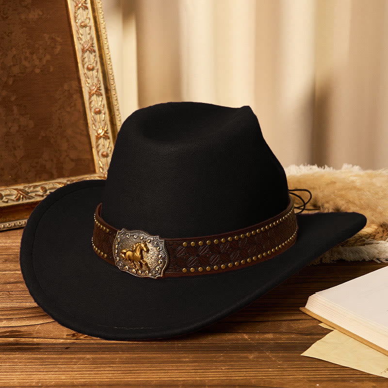 Cappello da cowboy da uomo con cintura e rivetti a forma di cavallo dorato - Nero - M (22"-22 7/8") - image 6