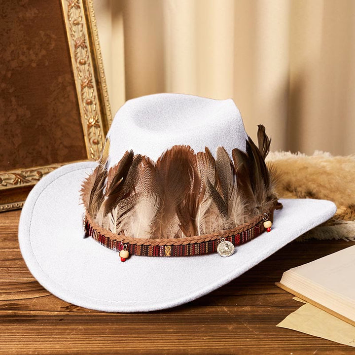 Cappello da cowboy da uomo con cintura e tesa intrecciata in piume - Bianco - M (22"-22 7/8") - image 9