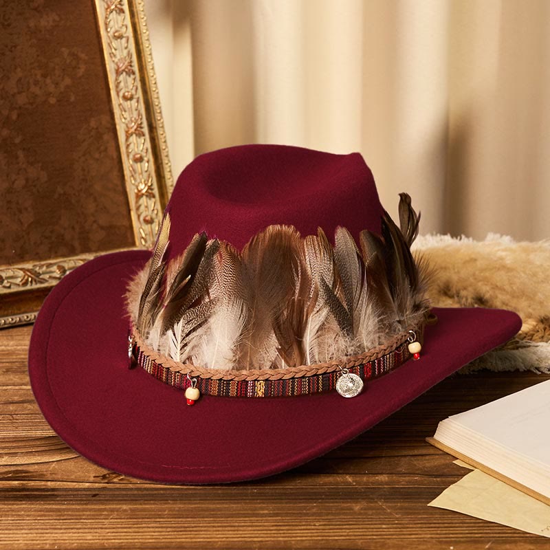 Cappello da cowboy da uomo con cintura e tesa intrecciata in piume - Vino - M (22"-22 7/8") - image 8