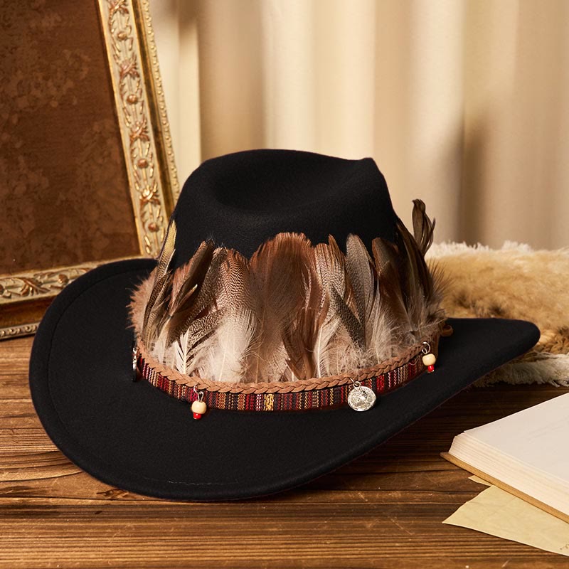 Cappello da cowboy da uomo con cintura e tesa intrecciata in piume - Nero - M (22"-22 7/8") - image 6