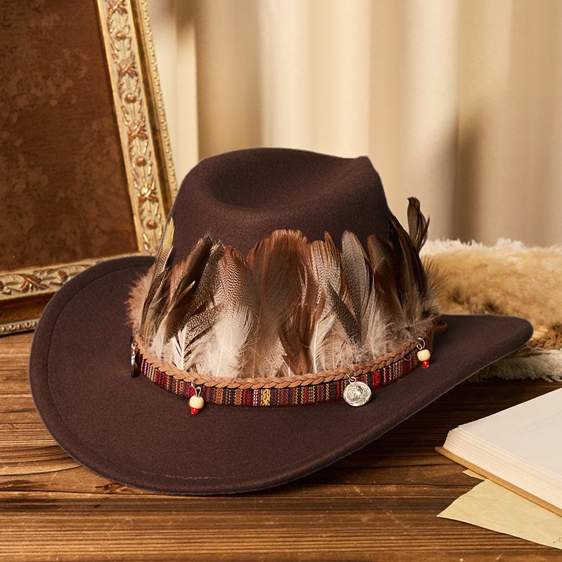 Cappello da cowboy da uomo con cintura e tesa intrecciata in piume - Caffè - M (22"-22 7/8") - image 7