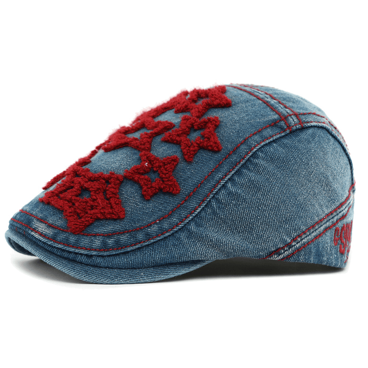 Cappello basco da uomo con ricamo a stella in denim - Borgogna - Regolabile (21 5/8"-23 1/4") - image 0