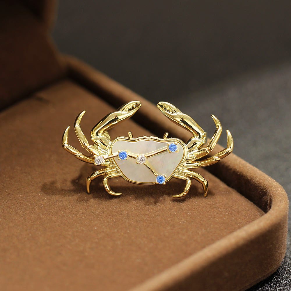 Spilla in oro con 12 costellazioni in madreperla e cristallo blu - Cancro - image 6