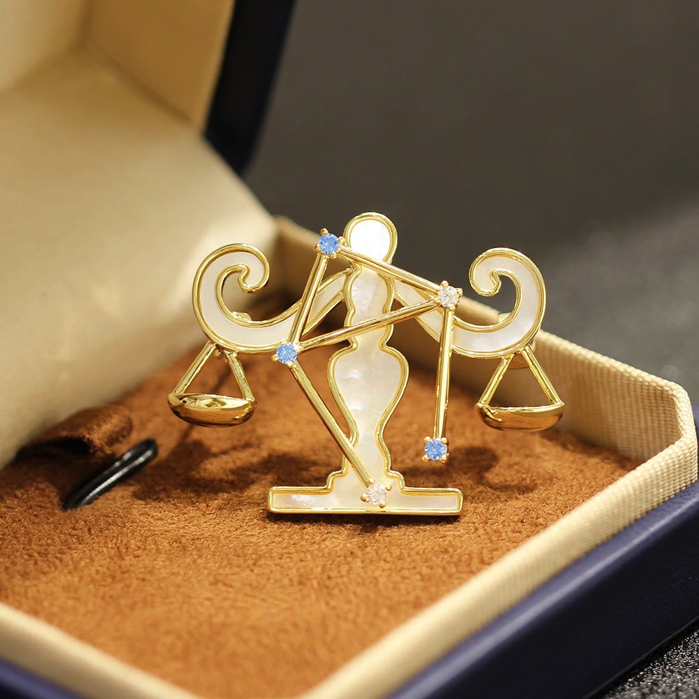 Spilla in oro con 12 costellazioni in madreperla e cristallo blu - Libra - image 12