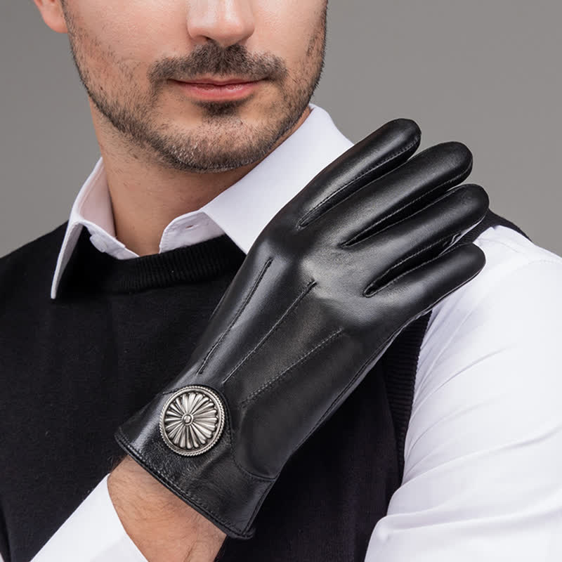 Guanti da uomo in vera pelle con stemma in metallo vintage nero - image 8