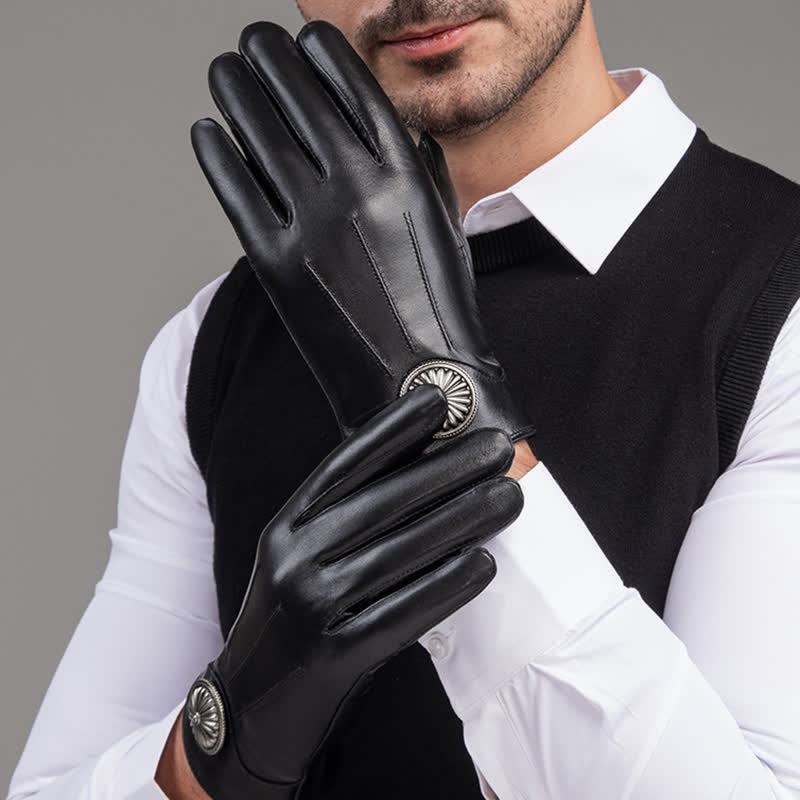 Guanti da uomo in vera pelle con stemma in metallo vintage nero - Nero - XL - image 0